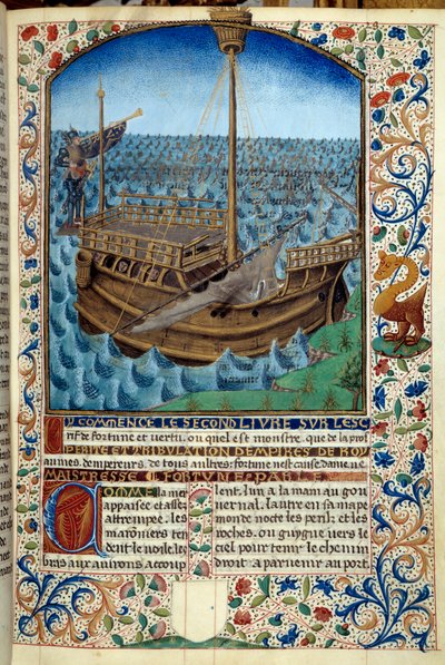 Representation av ett skepp till sjöss - Miniatyr från "The spirit of fortune and dygd" av Martin Le Franc (1410-1461) 1447-1448 - Paris B.N. - Ship at sea - Miniatyrmålning från manuskriptet "The spirit of fortune and dygd" av Martin Le Franc (1410-1461) av Martin Le Franc