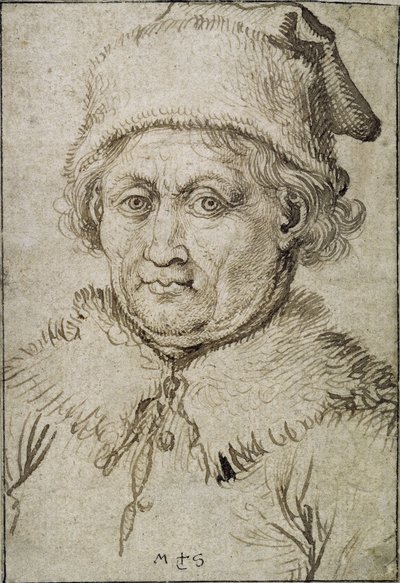 Bild i bystlängd av en gammal man med pälskrage och hatt av Martin Schongauer
