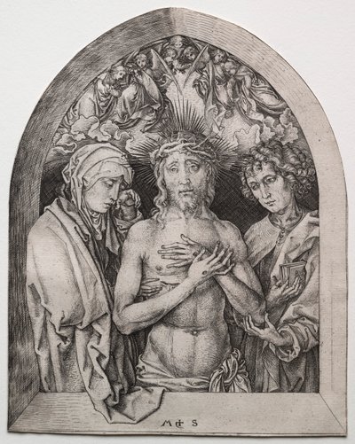 Kristus som sorgens man mellan Jungfrun och Johannes av Martin Schongauer