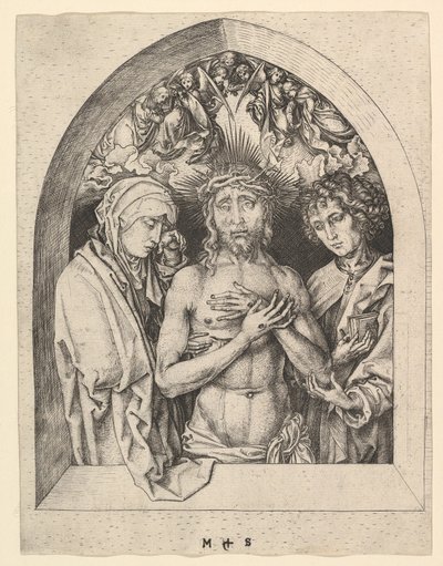 Kristus som sorgens man med jungfrun och Johannes, ca. 1435-1491. av Martin Schongauer