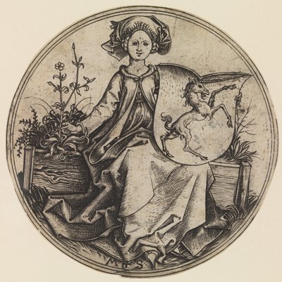 Sittande dam som håller en sköld med en enhörning, ca. 1435-1491., ca. 1435-1491. av Martin Schongauer
