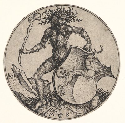 Sköld med vinthund som hålls av Wild Man, ca. 1435-1491. av Martin Schongauer