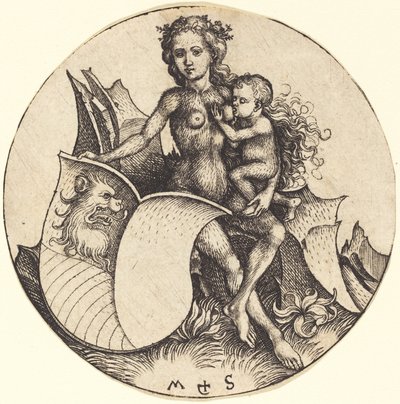 Sköld med lejonhuvud, hållen av vild kvinna av Martin Schongauer