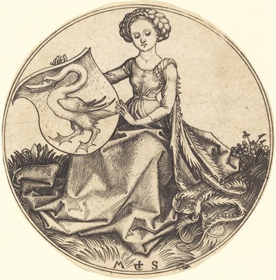 Sköld med svan, hållen av kvinna av Martin Schongauer