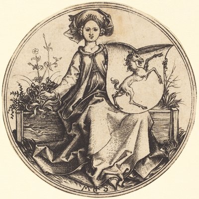 Sköld med enhörning, hålls av kvinna av Martin Schongauer
