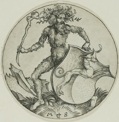 Sköld med en vinthund, hållen av en vildman av Martin Schongauer