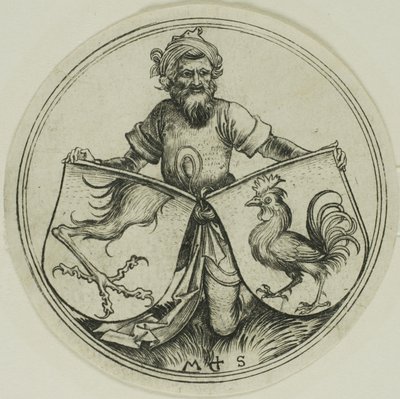 Sköld med en griffelfot och sköld med en kuk som hålls av en mor av Martin Schongauer