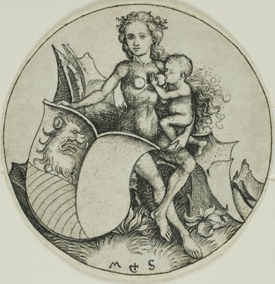 Sköld med lejonhuvud, hållen av en vild kvinna av Martin Schongauer