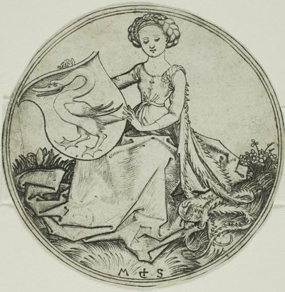 Sköld med en svan, hållen av en sittande dam av Martin Schongauer