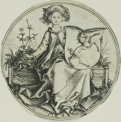 Sköld med en enhörning, hållen av en dam av Martin Schongauer