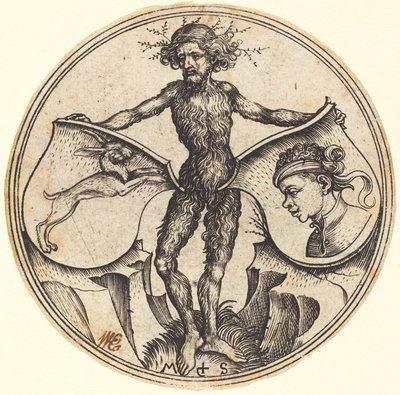 Sköldar med kanin och moors huvud, hålls av vild man av Martin Schongauer