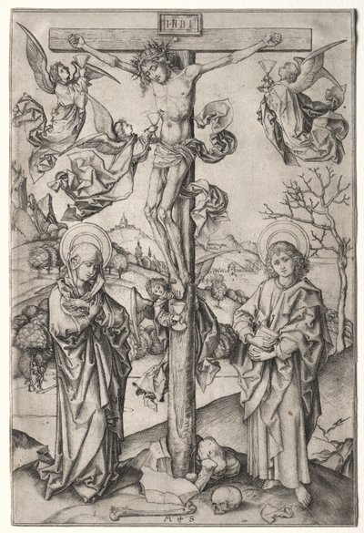 Korsfästelsen med fyra änglar. av Martin Schongauer