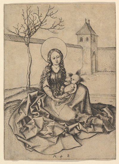 Madonnan och barnet på gården, ca. 1435-1491. av Martin Schongauer
