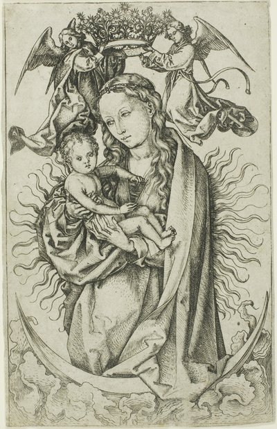 Madonnan på halvmånen krönt av två änglar av Martin Schongauer