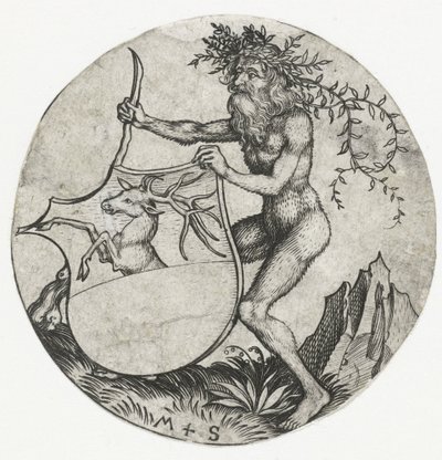 Vapensköld med en hjort, hållen av en vild man med en klubba Figurer med vapensköldar (serietitel) av Martin Schongauer