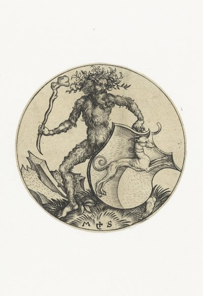 Vapensköld med en hund, hållen av en vild man med en klubba Figurer med vapensköldar (serietitel) av Martin Schongauer