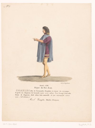 Kostuum van de dauphin Karel van Valois från tragedin Marcel Charles, hertig av Normandie (titel på objekt) Theaterkostuums (serietitel) Franska teatern: samling av kostymer av MM. J. Alaux och L. Duponchel från manuskriptteckningar i Bibliot av Martin Sylvestre Baptiste
