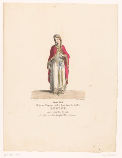 Kostuum van koningin Berthe uit tragedin Belägringen av Paris Berthe (titel på objekt) Theaterkostuums (serietitel) Franska teatern: samling av kostymer av MM. J. Alaux och L. Duponchel baserade på manuskriptteckningar från Bibliothèque de la Comédie- av Martin Sylvestre Baptiste