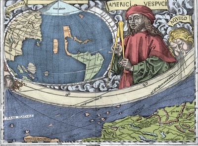 VESPUCCI, Amerigo (1454-1512). Italiensk upptäcktsresande och kartografi i "Waldseemuller karta eller Universalis Cosmographia - (Universal Cosmography) - Waldseemuller Planisphere"" - 1507 - av Martin Waldseemuller