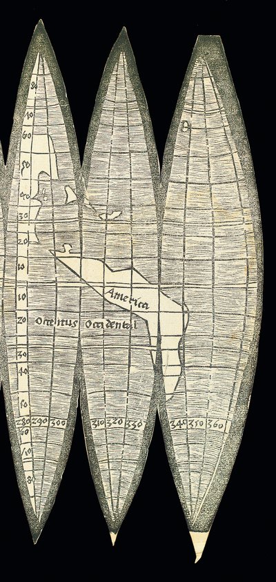 Världskarta i form av en uppsättning jordklotgor, 1507 av Martin Waldseemuller