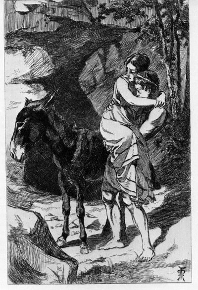 Lucius förvandlas av en slump till en åsna. Metamorfoser (Golden Donkey eller Asinus aureus), roman skriven av Apulee (Lucius Apuleius) (cirka 125-runt 180) på 200-talet. Etsande vatten av Martin Van Maele av Martin van Maele