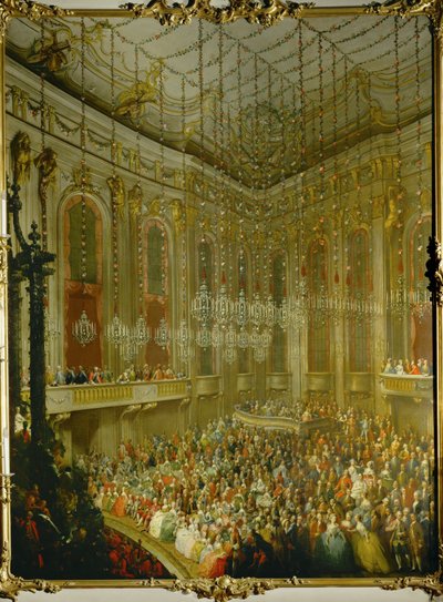 Bröllopskonsert för kejsar Joseph II och Isabella av Parma;serenad i Redoutensaal i Wiens kejserliga palats ... (olja på duk) av Martin van Mytens or Meytens
