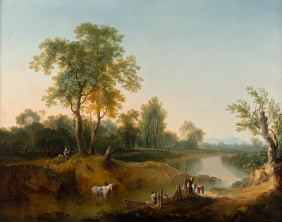 Ryttare och fiskare i ett flodlandskap av Martin von Molitor