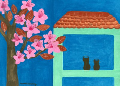 Det blommande blodplommonet på det gröna myntahuset av Martina Konitzky