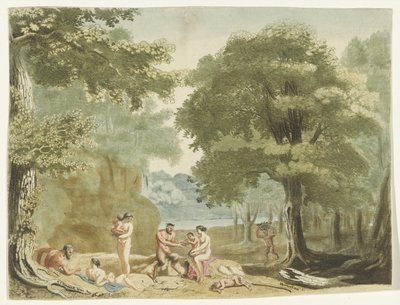 Nymfer och satyrer i ett landskap. av Martinus Berkenboom