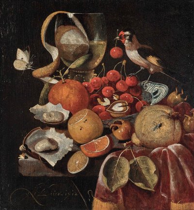 Stilleben med frukter och en steglits av Martinus Nellius