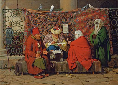 En turkisk notarie som upprättar ett äktenskapskontrakt framför Kilic Ali Pasha-moskén, Tophane, Konstantinopel av Martinus Rorbye