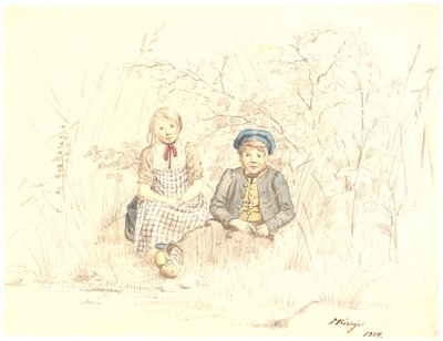 Pojke och flicka sittande i grönskan av Martinus Rørbye