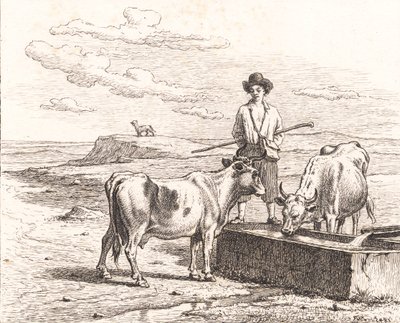 En herdepojke vid ett vattentråg. Illustration till Chr. Winthers "Tjugofem bilder för små barn" av Martinus Rørbye