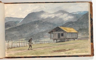 Bergslandskap med stuga och vandrare av Martinus Rørbye