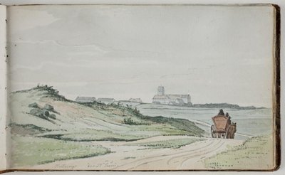 Utsikt mot ett landskap. I förgrunden en landsväg med en hästvagn; i bakgrunden hus och en kyrka av Martinus Rørbye