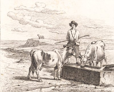 En herdepojke vid ett vattentråg. Illustration för Chr. Winther "Tjugofem bilder för små barn" av Martinus Rørbye