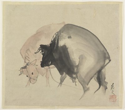 Two Bulls, ca 1810 (bläck och färger på papper) av Maruyama Oju