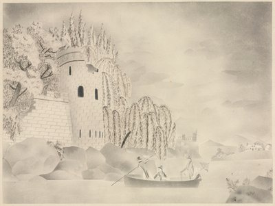 The Lonely Tower (Slott vid en flod med pilar och en båt) av Mary Altha Nims