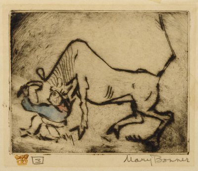 Bull-Dogging (handfärgad etsning) av Mary Bonner