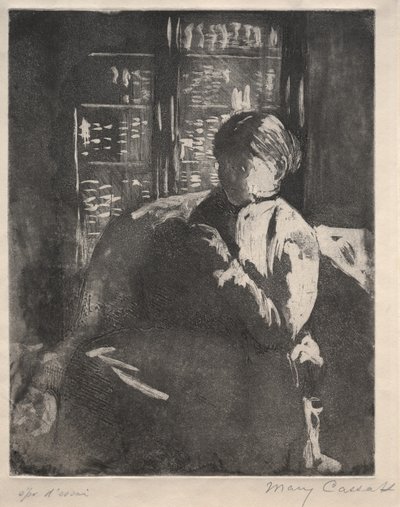 Stickning i biblioteket, c. 1881. av Mary Cassatt