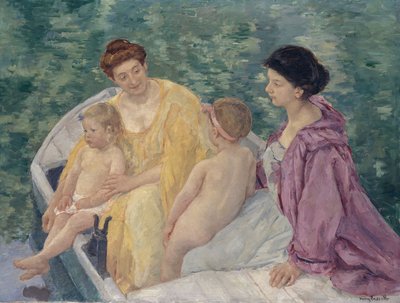 Le Bain Två mammor och deras barn i en båt av Mary Cassatt