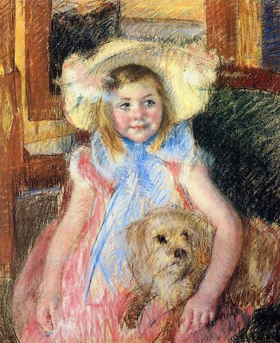 Sara i en stor blommig hatt, tittar rätt, håller sin hund, ca 1901 (pastell på papper) av Mary Cassatt