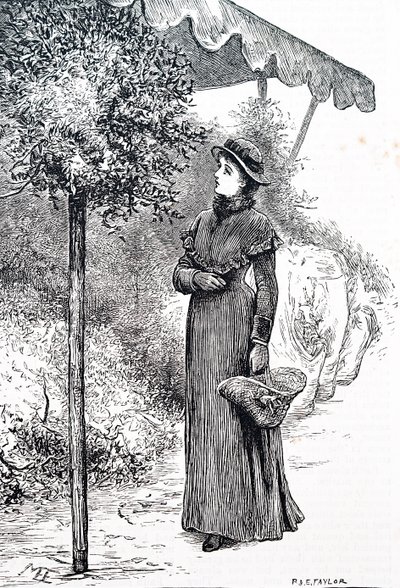 En kvinna som köper järnek för att använda till juldekorationer. Av Mary Ellen Edwards (1838-1934), en engelsk konstnär av Mary Ellen Edwards