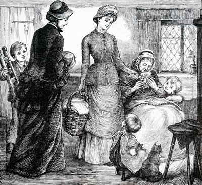 En kvinna som ger gåvor till en fattig stuga. Av Mary Ellen Edwards (1838-1934), en engelsk konstnär av Mary Ellen Edwards