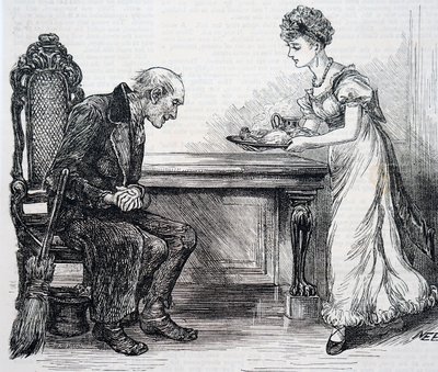 En kvinna som ger sopmaskinen en varm middag. Av Mary Ellen Edwards (1838-1934), en engelsk konstnär av Mary Ellen Edwards