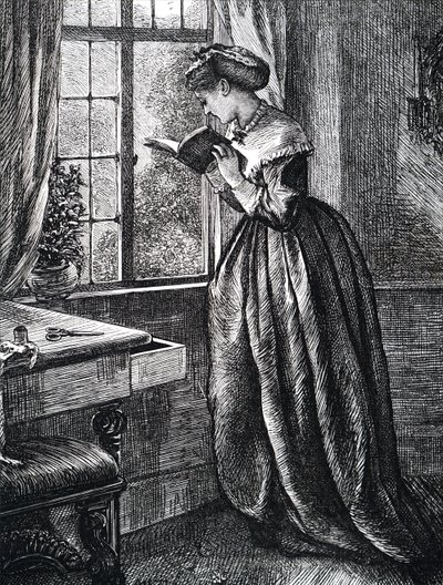 En ung kvinna som läser vid ett öppet fönster. av Mary Ellen Edwards