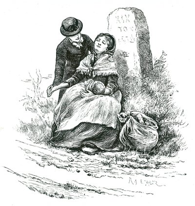En utblottad, ogift mamma hittades utmattad på väg till Workhouse med sin baby. Scen som påminner om en Thomas Hardy-roman men en inte ovanlig på landsbygden i hela landet. Illustration av Mary Ellen Edwards c1881. av Mary Ellen Edwards