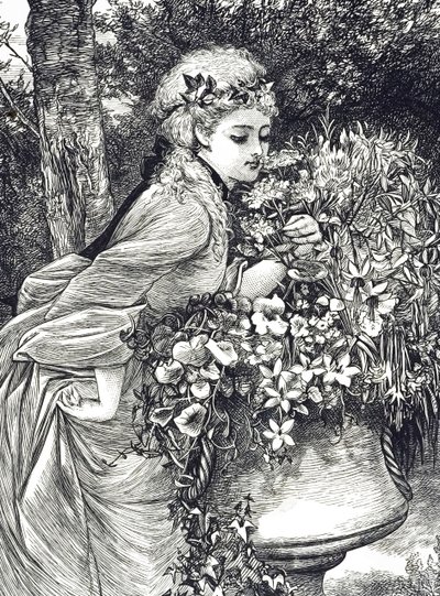 En gravyr som föreställer en ung flicka som luktar blommor inrymd i en trädgårdsurna. Illustrerad av Mary Ellen Edwards (1838-1934), en engelsk konstnär och illustratör av barnböcker av Mary Ellen Edwards