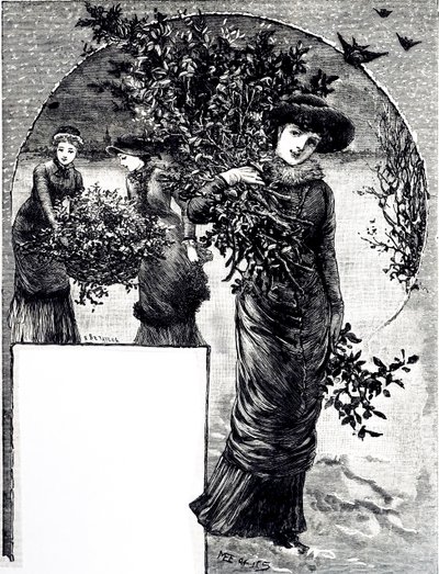 En gravyr som föreställer samlingen av järnek och vintergröna för juldekoration. Illustrerad av Mary Ellen Edwards (1838-1934), en engelsk konstnär och illustratör av barnböcker av Mary Ellen Edwards