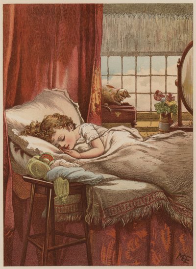 Barn sover i sängen (chromolitho) av Mary Ellen Edwards